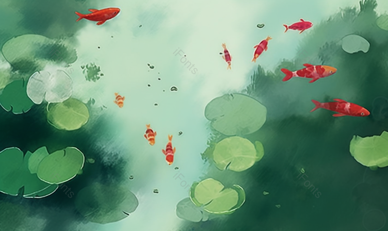 绿色立夏的池塘里的荷叶和锦鲤背景,插画/手绘图,插画/手绘图库,插画/手绘图下载,插画/手绘